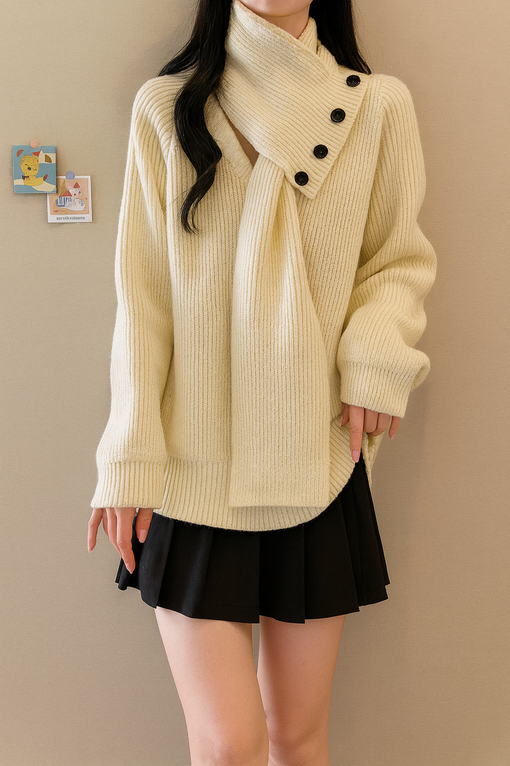 Detachable Scarf V Neck Sweater